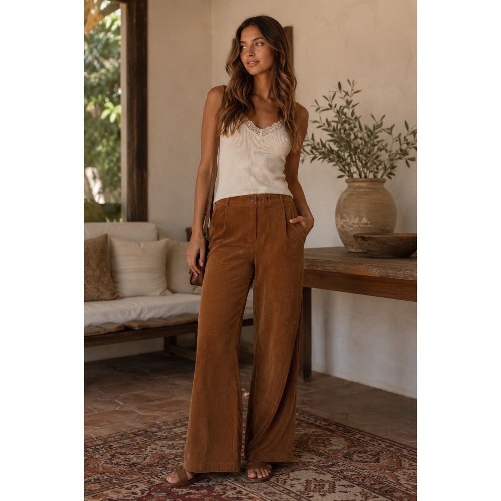 Hunter & Brown Pants Womens Large Brown Corduroy Retro Wide Leg Boho